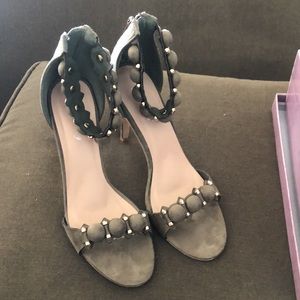 Annie Pinky heel with embellishments on strap, zip up heel, sued leather size 9